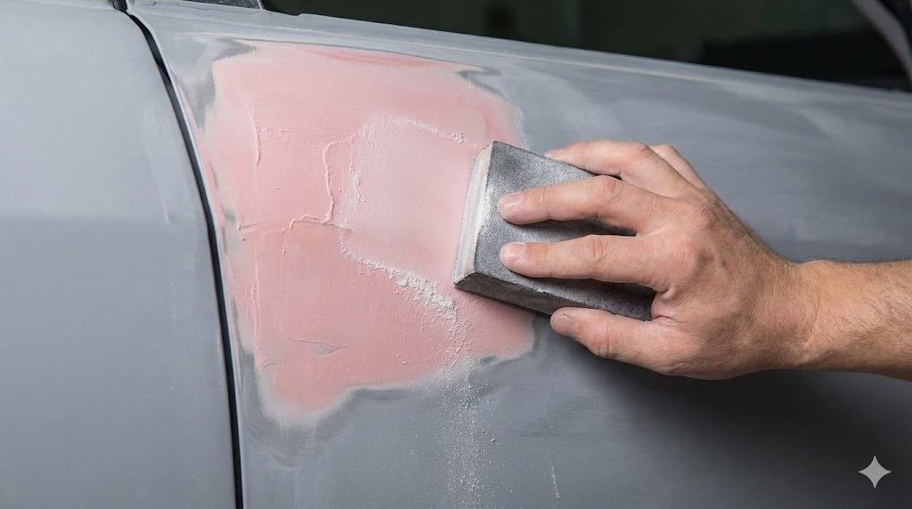 Proceso de lijado en reparación automotriz para preparación de superficie