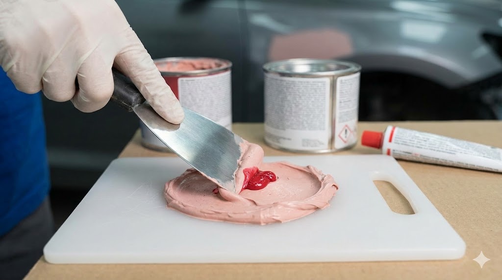 Técnico aplicando pasta automotriz en la reparación de un vehículo